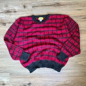 Vintage 80s Magnet Geometric Diamond Knit Crewneck Sweater - Red Grey - Medium